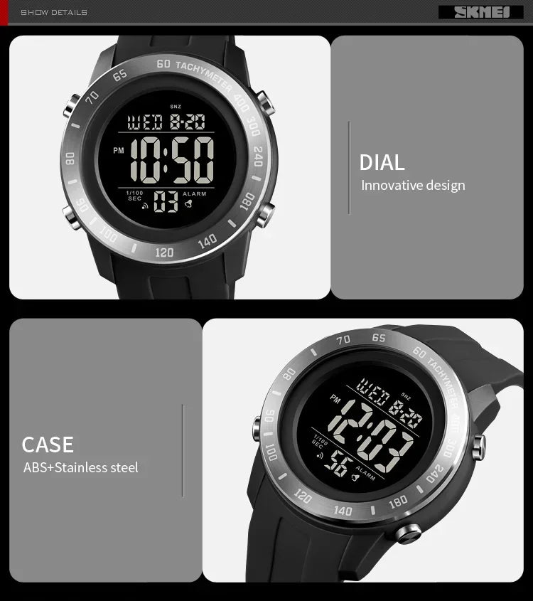 SKMEI 1524  2 Time LED Digital Wristwatches Mens Waterproof Chrono Count Down Male Hour montre homme Big Dial Sport Men Watch