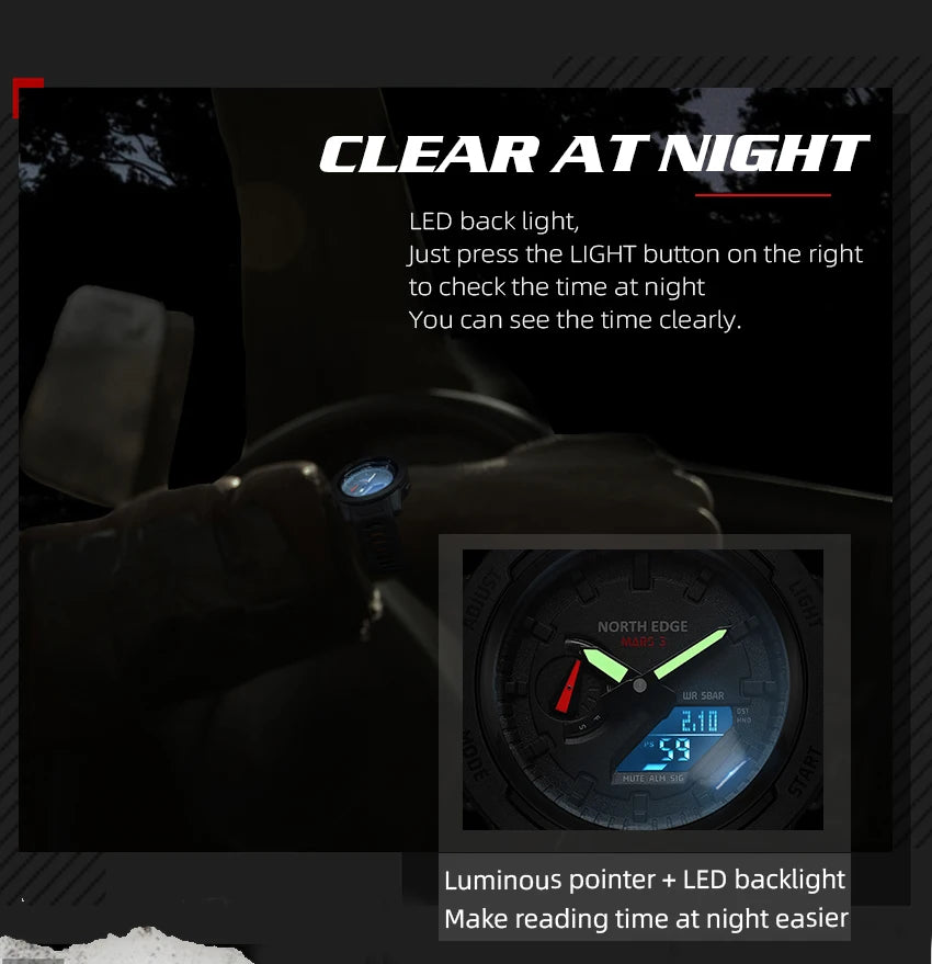 NORTH EDGE Mars3 Men's Military Watch Digital Carbon Fiber Case For Man Waterproof 50M Sports Watches World Time