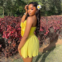 Joskaa 2025 Summer Women 3D Flower Decorate Strapless Pleated Irregular Hem Mini Dress Holiday Beachwear Party Clubwear S-XXL