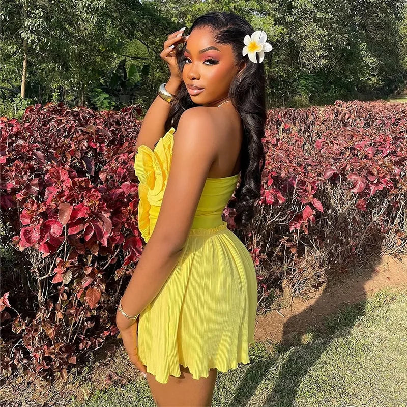 Joskaa 2025 Summer Women 3D Flower Decorate Strapless Pleated Irregular Hem Mini Dress Holiday Beachwear Party Clubwear S-XXL