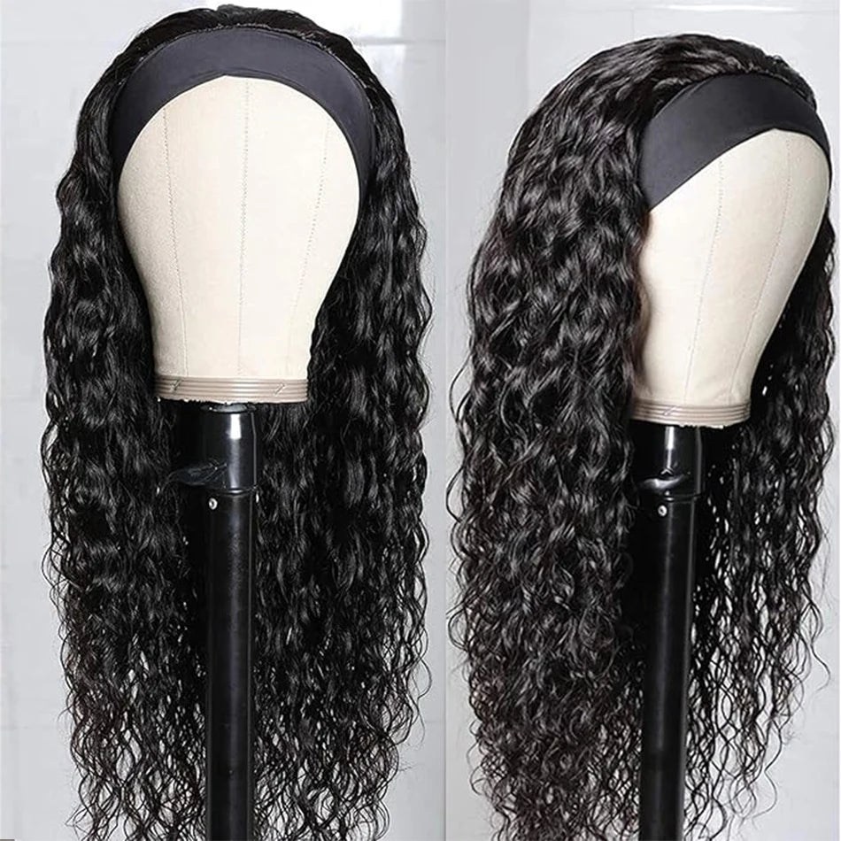 Headband Wig Human Hair Wigs Wear and Go Glueless Wig Curly Deep Wave Headband Wig Machine Made Wig Natural Color 250%