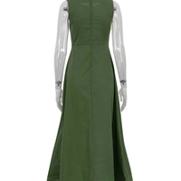 Oymimi Elegant Green Cotton Women's Dress Fashion O-Neck Sleeveless Dresses Casual New High Waist A-Line Mid-Calf Dresses Female