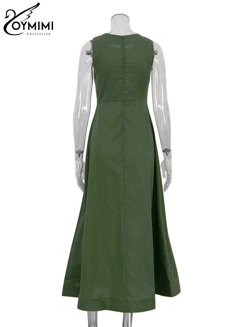 Oymimi Elegant Green Cotton Women's Dress Fashion O-Neck Sleeveless Dresses Casual New High Waist A-Line Mid-Calf Dresses Female