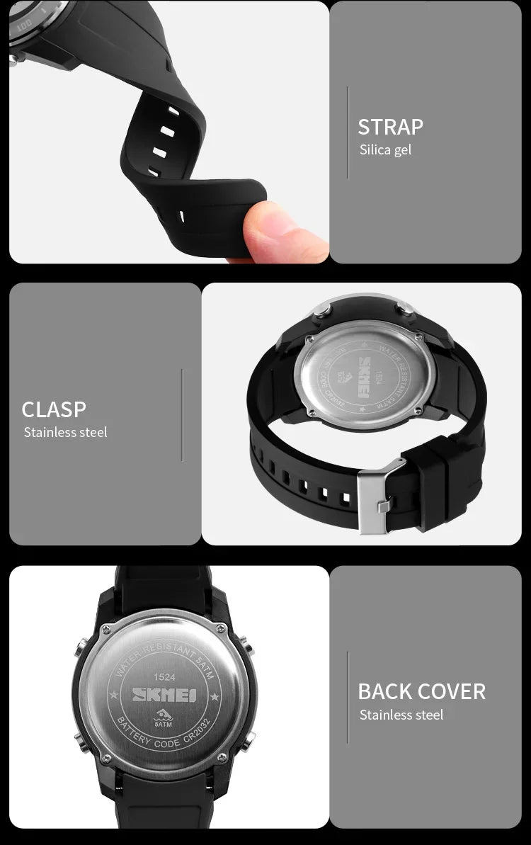 SKMEI 1524  2 Time LED Digital Wristwatches Mens Waterproof Chrono Count Down Male Hour montre homme Big Dial Sport Men Watch