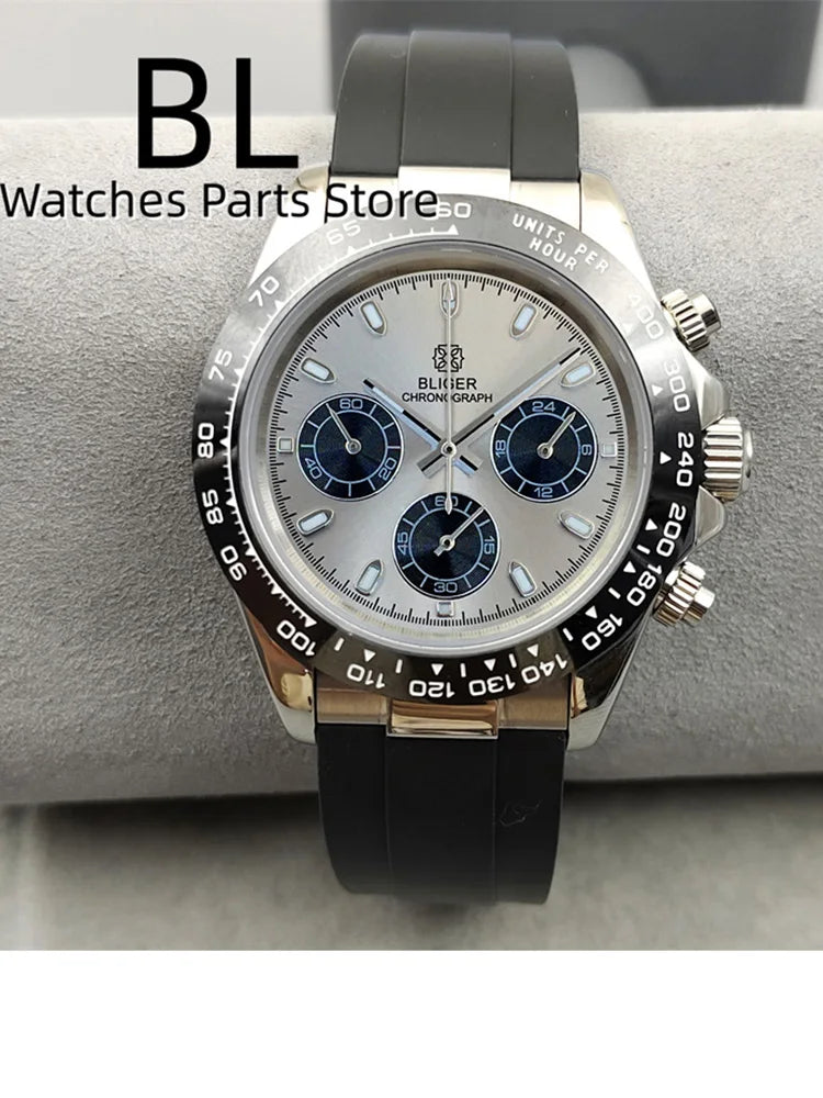 BLIGER/Sterile Gray Dial Chronograph VK63 Quartz Men's Watch 39mm Sapphire Case Black Bezel Luminous Stanless Steel/Rubber Strap