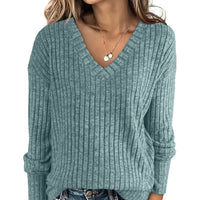 Women's Long Sleeve V-Neck T-Shirt Pit Stripe Milled Fashion Temperament Top