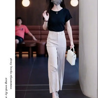 Nine-point Wide-leg Pants for Women in Summer Thin New High-waist Drooping Ice Silk Suit Women's Slim Straight Pants
