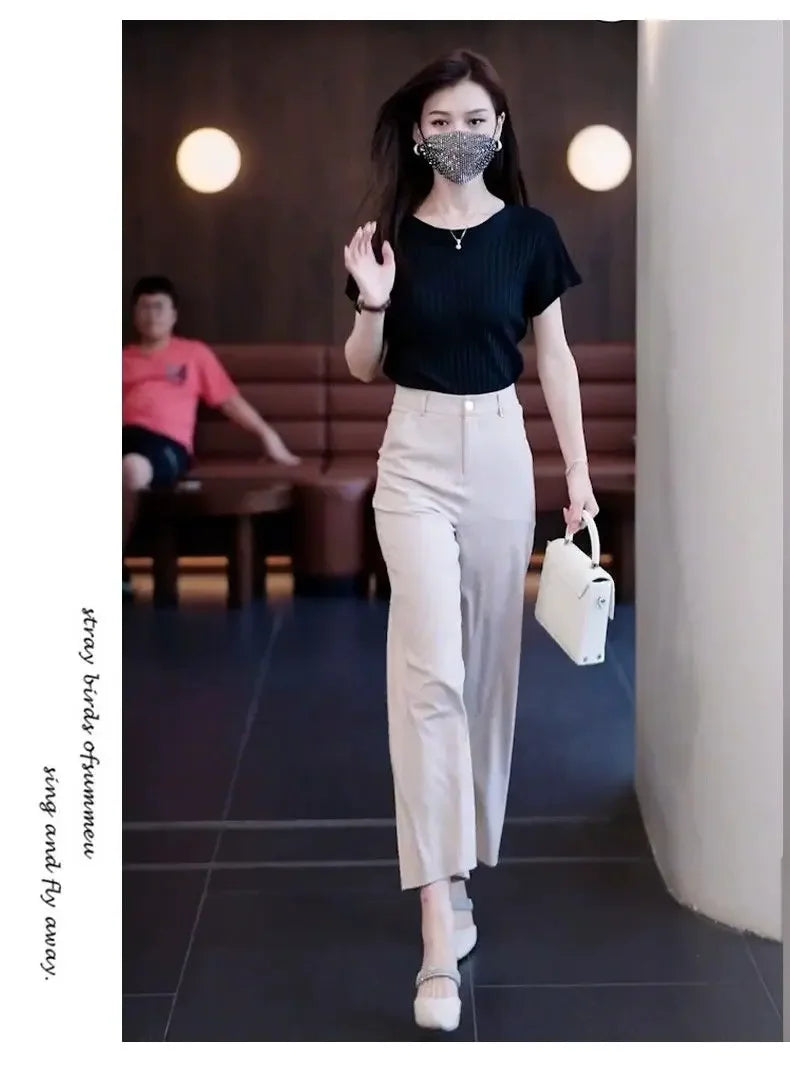 Nine-point Wide-leg Pants for Women in Summer Thin New High-waist Drooping Ice Silk Suit Women's Slim Straight Pants