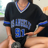 Women's Large Printed T-shirt Los Angeles 91 Letter Short Sleeve V-neck Loose Street Wear Sports Jersey Spring/Summer Tshirt Top