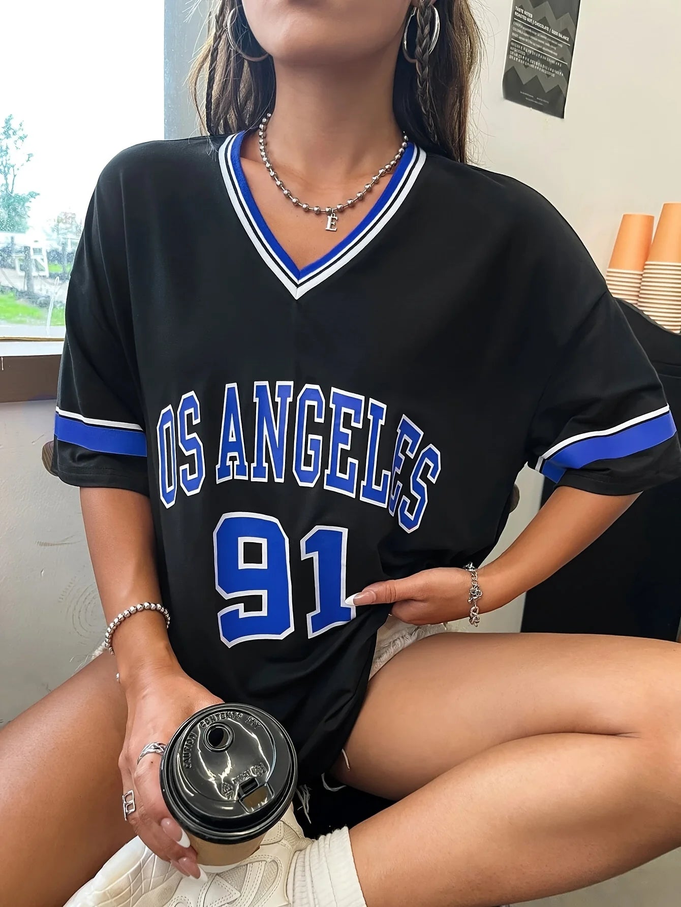 Women's Large Printed T-shirt Los Angeles 91 Letter Short Sleeve V-neck Loose Street Wear Sports Jersey Spring/Summer Tshirt Top