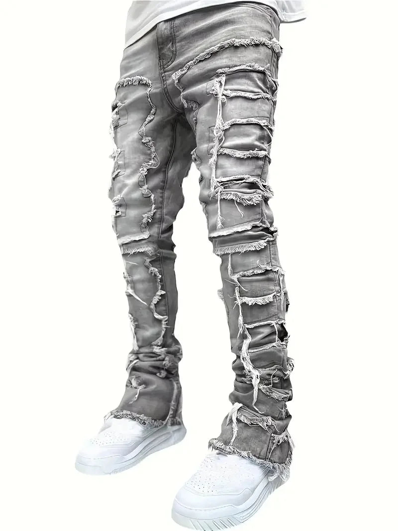 Y2k hip-hop style fringed jeans, men's casual street style stretch jeans
