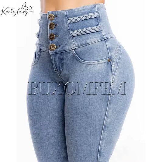 Fashion High Waist Sexy Skinny Stretch Jeans for Women Button Fly Straight Leg Pencil Pants Wrap Hips Trousers Y2K Streetwear