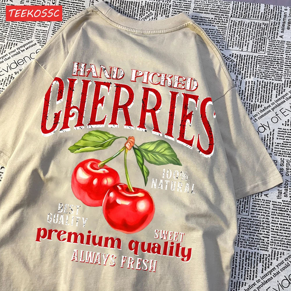 Summer Lemon Cherries Prints T-Shirts Cotton Women's Tops Oversize O-Neck Soft Short Sleeve tees Street Casual Womans Clothes