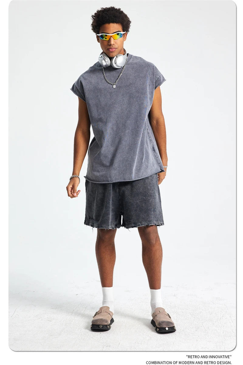 ZODF Trendy Summer Men Batik Washed 275gsm Cotton Tank Tops Unisex Oversized Loose Edge Sleeveless Vests Brand Tees HY1036