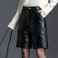 ZUZK  Warm Black PU Leather Thick Bermuda Shorts For Women Winter  Knee Length Shorts Motorcycle Punk High Waist Bermuda Femme