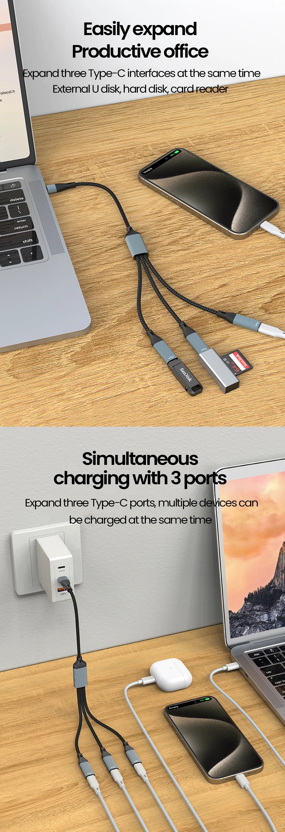 USB Type C HUB Multiple Splitter Adapter OTG Data Transfer 3/2 Port USB Power Charging Hub Cable Connector Adapter