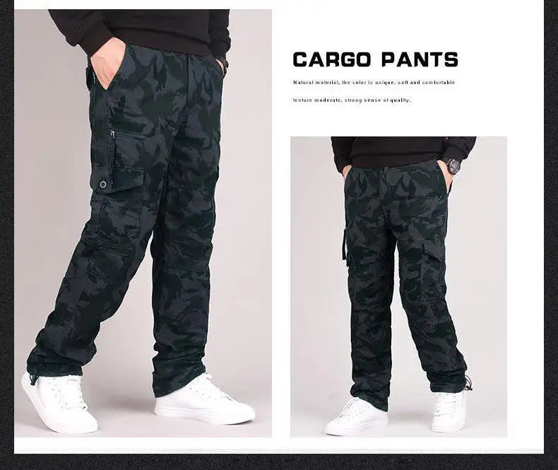 Autumn Winter Mens Cargo Pants Fleece Warm Trousers Cotton Pants Insulated Hiking Running Pants Man Multiple Pockets