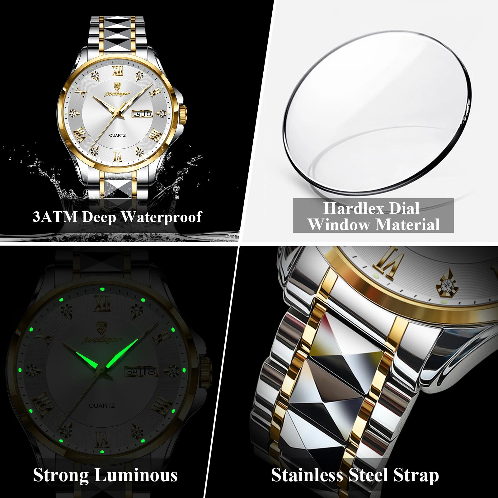 POEDAGAR Luxury Casual Man Watch Waterproof Luminous Date Week Quartz Men's Watches Stainless Steel Fashion Sport Men Wristwatch