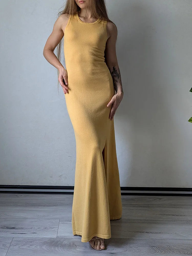 Knit Sleeveless Dresses For Women Long Elegant White High Slit Dress Bodycon Ladies Office Skinny Maxi Tank Rib Dress Female
