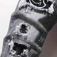 Men's slim fit ripped long denim pants, tight jeans with pockets, side straps, and zippers, men's jogging pants, ripped stretch