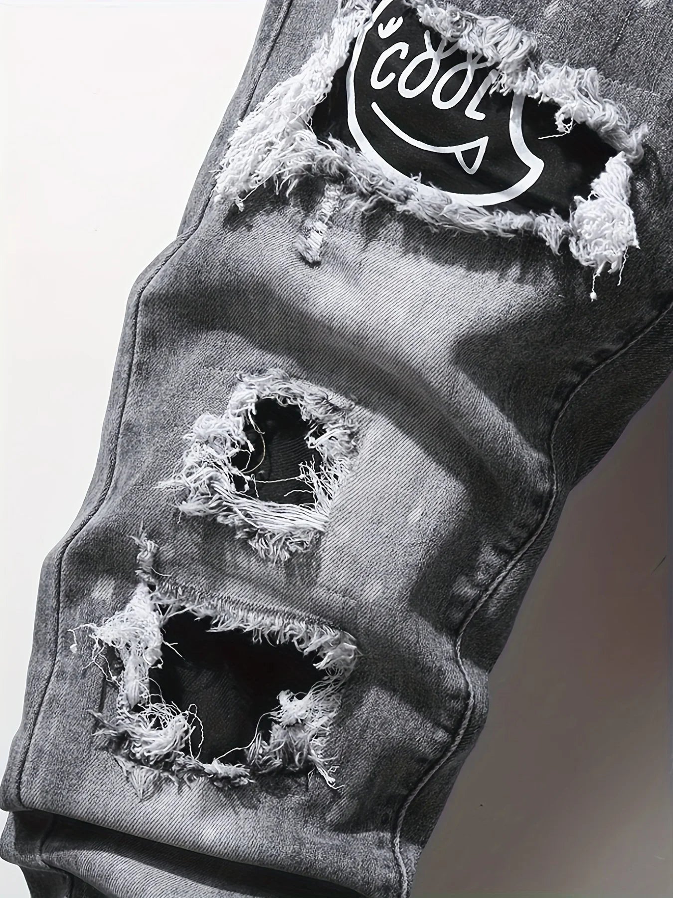 Men's slim fit ripped long denim pants, tight jeans with pockets, side straps, and zippers, men's jogging pants, ripped stretch