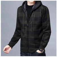 Men Sweater Jacket Fashion Winter Coat Fleece Hoodies High Quality Luxury Checkered Hooded Knit Cardigan Male Outer Wear