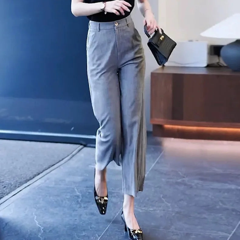 Nine-point Wide-leg Pants for Women in Summer Thin New High-waist Drooping Ice Silk Suit Women's Slim Straight Pants