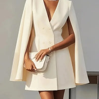 Women Fashion Commuter Solid Blazers Dress Office Double Breasted Waist Party Dress Elegant V-neck Shawl Cape Sleeve Midi Dress