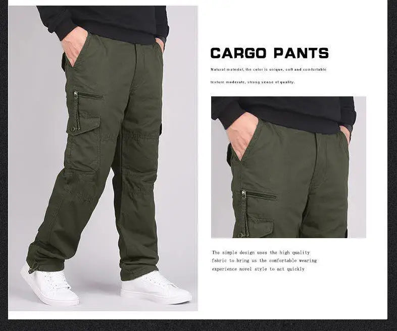 Autumn Winter Mens Cargo Pants Fleece Warm Trousers Cotton Pants Insulated Hiking Running Pants Man Multiple Pockets