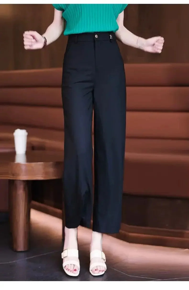 Nine-point Wide-leg Pants for Women in Summer Thin New High-waist Drooping Ice Silk Suit Women's Slim Straight Pants