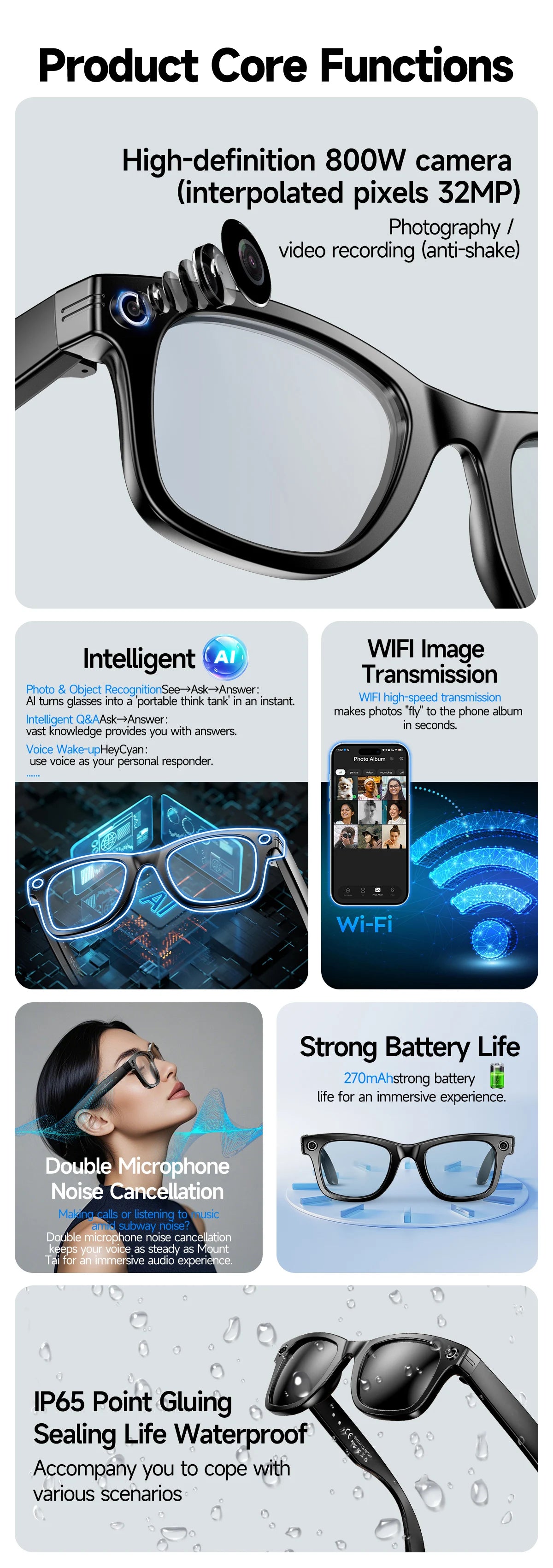 Smart Glasses 8 Million Pixels Recording Videos AI Photo Recognition Answer Translation 270mAh IP65 Waterproof Bluetooth Glasses