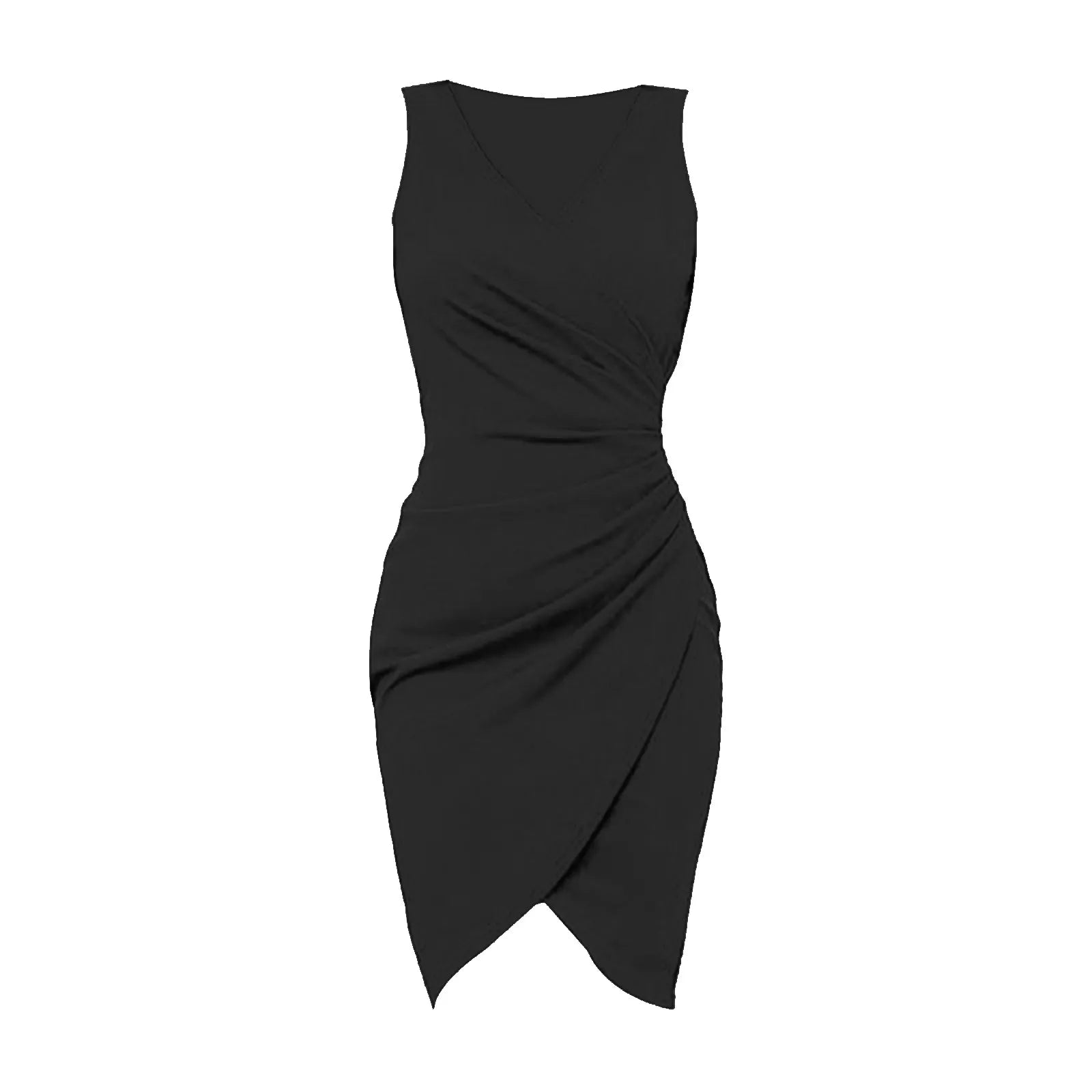 Summer Sexy Solid Sleeveless V-Neck Women Dress Hip Slim Fit Ruched Bodycon Skirt Fashion Simple Ladies Evening Party Dress