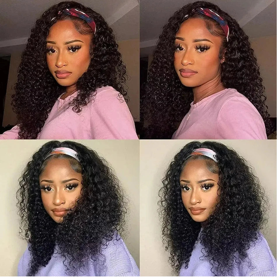 Headband Wig Human Hair Wigs Wear and Go Glueless Wig Curly Deep Wave Headband Wig Machine Made Wig Natural Color 250%