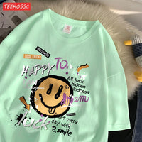 Summer Cotton Women T-Shirts Fun Graffiti Cute Smiling Face Prints Tees Breathable Loose O-Neck Casual Street Female Clothes