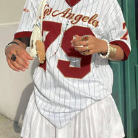 Women's Los AngelesLetter Print V-Neck Short Sleeve T-Shirt Summer Graphic Tee Baseball Jerseys Oversized Sport T-Shirt