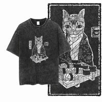 COOLMIND DB cat Printed Cotton Acid Washed Exclusive Graphic Unisex T Shirt Cool Streetwear Men Tshirts Big Size Tee for men