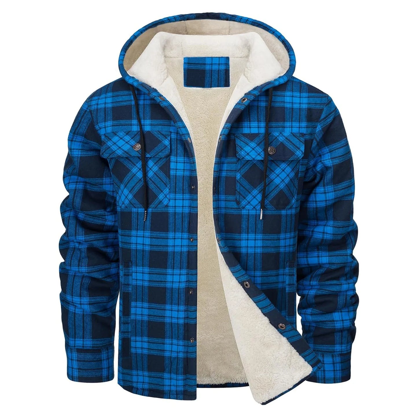 Thick Warm Flannel Hooded Jacket Mens Sherpa Fleece Lined Winter Coats Button Down Fashion Casual Plaid Shirt Jacket With Pocket