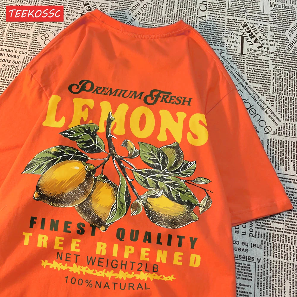 Summer Lemon Cherries Prints T-Shirts Cotton Women's Tops Oversize O-Neck Soft Short Sleeve tees Street Casual Womans Clothes