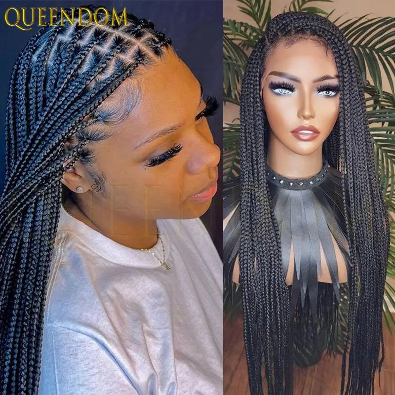 Synthetic 36 Inch Cornrow Braided Wigs for Black Women Full Lace Braids Wig Natural Black Knotless Box Wig Faux Locs Wig