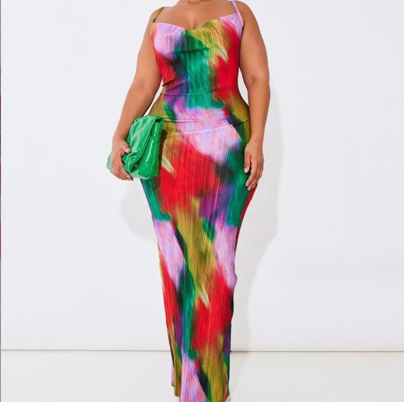 Folds Print Spaghetti Strap Slim Long Dresses Women Fashion Sexy Low Cut Package Hip Bodycon Party Dress Trendy Streetwear New