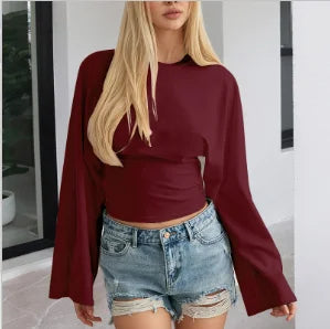 CUTENOVA Women Solid Color Round Neck Front Shoulder Wide Long Sleeves Cinched Waist Slim Top Daily Casual Simple Versatile Tops