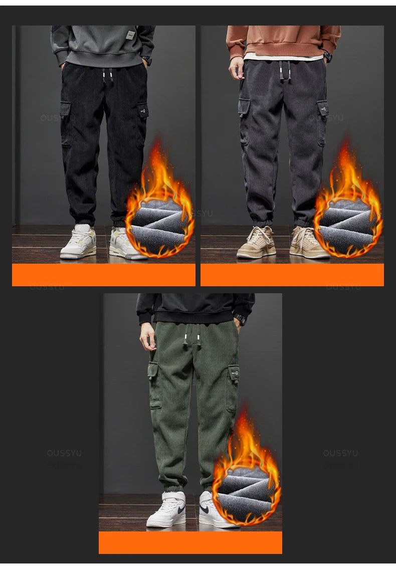 Winter Men's Fleece Warm Cargo Corduroy Pants Jogging Sweatpants Work Y2k Korean Pants Loose Harem Casual Trousers for Men