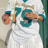 Women's Los AngelesLetter Print V-Neck Short Sleeve T-Shirt Summer Graphic Tee Baseball Jerseys Oversized Sport T-Shirt