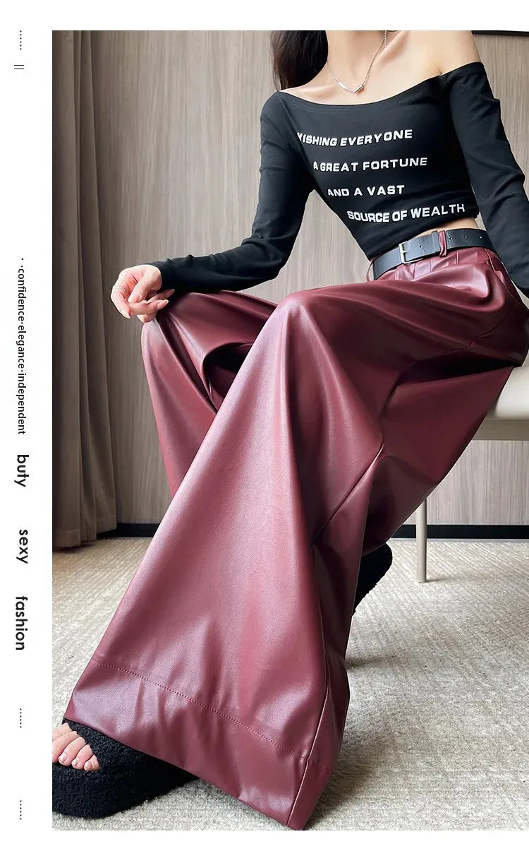 High Waist Wide Leg PU Leather Pants Women's Suit Casual Floor Length Trousers Autumn Winter New Style Loose Fit Long Pants