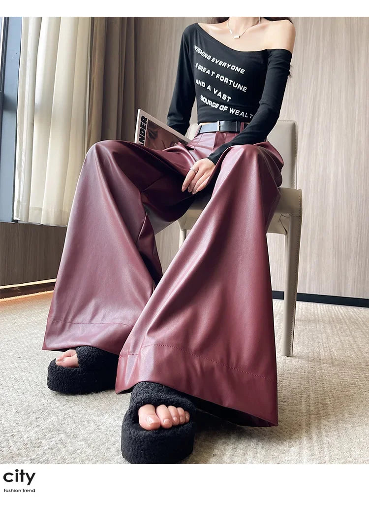 High Waist Wide Leg PU Leather Pants Women's Suit Casual Floor Length Trousers Autumn Winter New Style Loose Fit Long Pants