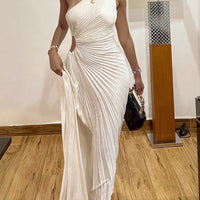 Women Elegant Long Dress Summer Sleeveless One-shoulder Pleated Hollowed Irregular Dress for Cocktail Party Beach Sundress Y2K