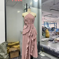 Elegant Purple Halter A Line Prom Gowns Ruffles Tiered Backless Party Gown Summer Vacation Chiffon Long Evening Dress