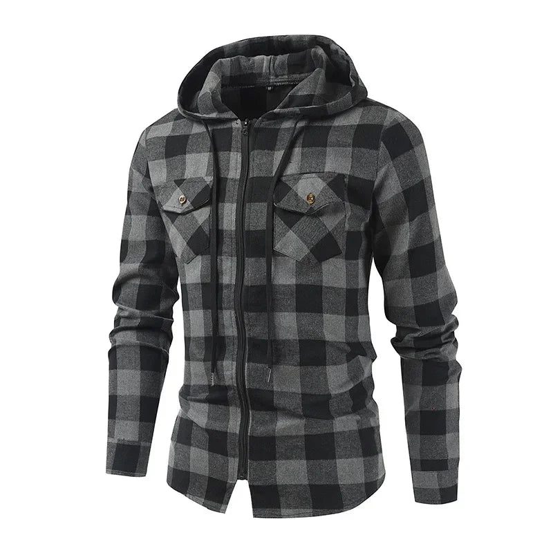 Men's New Plaid Hooded Sweater Long Sleeve Casual Thin Jacket Stand Hooded Shirt European Style Fashionable Outwear