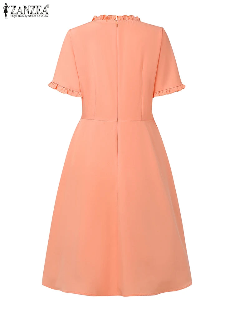2025 ZANZEA Elegant Women Midi Dresses Summer Office Work Dress Short Sleeve O Neck Party Vestidos Pleated Sundress Robe Femme