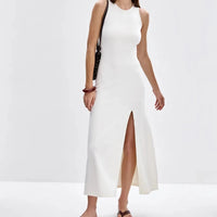 Knit Sleeveless Dresses For Women Long Elegant White High Slit Dress Bodycon Ladies Office Skinny Maxi Tank Rib Dress Female
